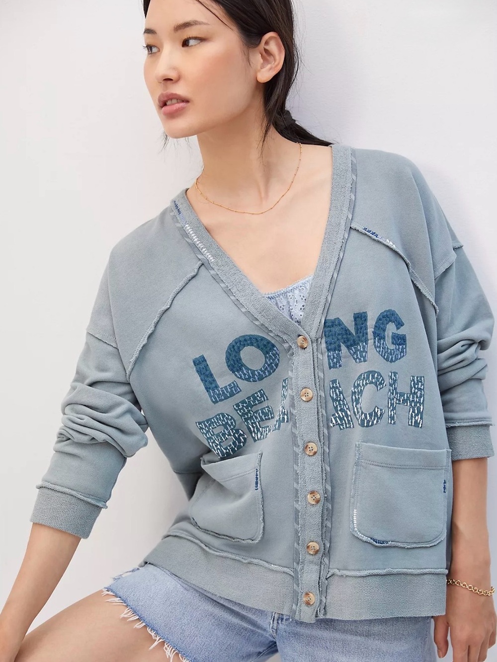 Anthropologie Pilcro Long Beach Button Front Cardigan Gray Medium Like New - Picture 4 of 13